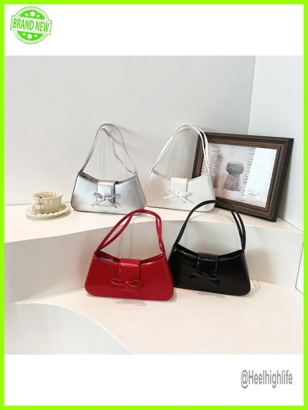 Patent Leather Hobo Shoulder Bag with Bow Y2K Clutch Purse